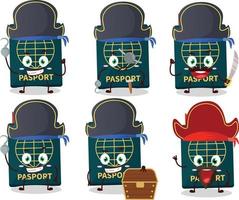 dibujos animados personaje de pasaporte con varios piratas emoticones vector
