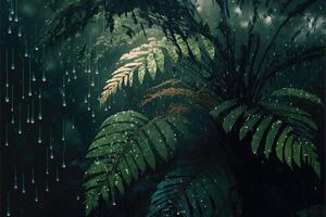 Rain on a leafy forest. Rain forest with abundant rainfall. photo