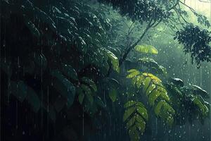 Rain on a leafy forest. Rain forest with abundant rainfall. photo