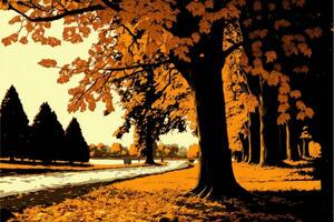 Autumn leaves in the park abstract background. Autumn park pathway at sunset. photo