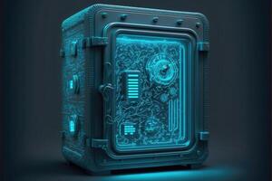 Digital safe box blue background. Cyber technology for finance or business. photo