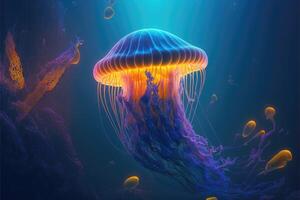 The ethereal beauty of jellyfish in the ocean with coral. photo