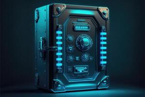 Digital safe box blue background. Cyber technology for finance or business. photo