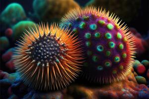 The spiky and colorful sea urchins of the ocean. photo