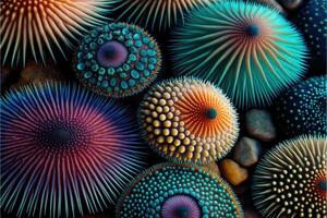 The spiky and colorful sea urchins of the ocean. photo