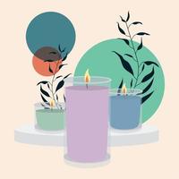 grupo de velas para amoraterapia y hojas vector ilustración