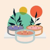 grupo de velas para amoraterapia y hojas vector ilustración