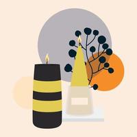 Group of candles for amoratherapy and leaves Vector illustration