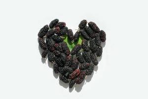 Fresh ripe mulberries laid out in a heart shape on a white background photo