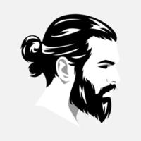 Monochrome portrait of a handsome man face side view. bearded, ponytail hair. avatar for social media. colored. for profile, template, print, sticker, poster, etc. flat vector illustration.