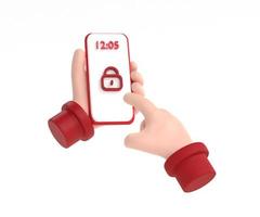 Smartphone lock screen. Hand hold smartphone with master key, finger touch touchscreen, security concept. photo