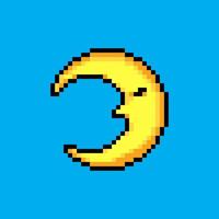 Moon pixel art icon. Yellow and grey pixelated Moon design for logo, web, mobile app, badges and patches. Video game sprite. 8-bit. Isolated vector illustration