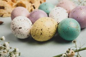 Pastel Easter eggs background. Spring greating card. Easter eggs in basket photo