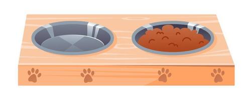 Pet food bowl. A bowl for dogs and cats. Stand and two stainless pet bowls. Steel bowls on stand. Cartoon vector illustration