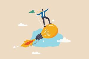 Success business idea, innovation or invention to reach goal, entrepreneur start new business, solution or career achievement concept, businessman holding winner flag riding flying lightbulb idea. vector