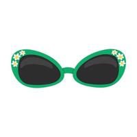 Stylish flat sunglasses on a white background. A fashion accessory with a green frame and cute daisies. vector