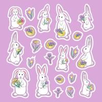 Collection of hand drawn white cute bunnies, baskets with spring flowers in pastel colors. Set of stickers - rabbit, dandelions, tulips, basket with crocuses. Unique isolated vector design elements