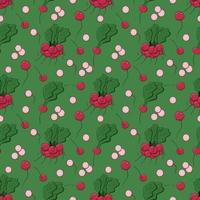 Bright spring pink radish modern seamless pattern on the green background. Vector flat texture. Perfect for kitchen fabric, paper, cover, wrapping, interior decoration