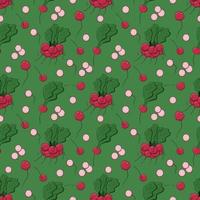 Bright spring pink radish modern seamless pattern on the green background. Vector flat texture. Perfect for kitchen fabric, paper, cover, wrapping, interior decoration