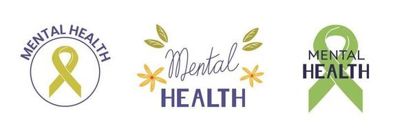 Mental health labels and lettering for world mental health day vector illustrations set.