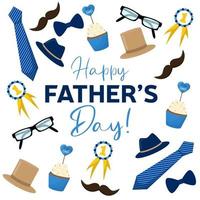 Square banner for Father's Day with men's elements. Happy Fathers Day. Hat, tie, eyeglasses, vector illustration.