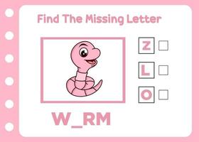 find missing letter of cute worm vector