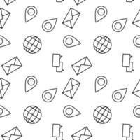 Vector seamless pattern of geolocation sign, envelope, globe, speech bubble on white background. It can be used for textile, backgrounds, placards