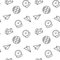 Vector seamless pattern of phone, paper airplane, globe on white background. It can be used for textile, backgrounds, placards