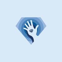 blue diamond logo with a hand on it holding two diamonds, logo for a jewelry company or business vector