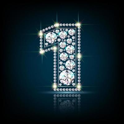 Numeral one, a figure made of precious stones of diamonds. Jewelry with bright highlights. Realistic illustration. On a dark background. Vector.