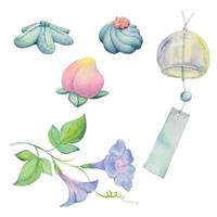Watercolor hand drawn traditional Japanese sweets. Summer wagashi with wind chimes and flower. Isolated on white background. Design for invitations, restaurant menu, greeting cards, print, textile vector