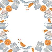 Watercolor hand drawn circle frame wreath with coffee cups, jars, creamer, orange slices, juice drops. Isolated on white background. For invitations, cafe, restaurant food menu, print, website, cards vector