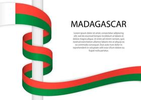 Waving ribbon on pole with flag of Madagascar. Template for inde vector