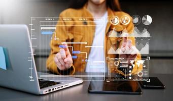 Businessman hand Project manager working and update tasks and Gantt chart scheduling virtual diagram.with smart phone, tablet and laptop in office. photo