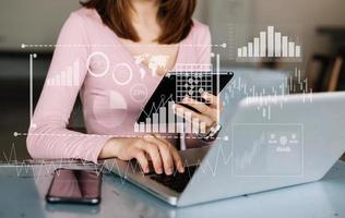 Businessman hand Project manager working and update tasks and Gantt chart scheduling virtual diagram.with smart phone, tablet and laptop in office. photo