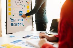 UX developer and ui designer brainstorming about mobile app interface wireframe design with customer breif and color code at office. photo