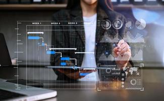Businesswoman hand Project manager working and pdate tasks and Gantt chart scheduling virtual diagram.with smart phone, tablet and lapto photo
