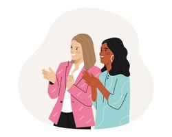 Smiling multicultural women Clapping Hands. Women Applaud, celebrate good deal. Acknowledgement and Gratitude. Flat vector illustration.