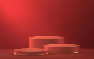 3d realistic podium or pedestal on red luxury background. vector