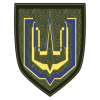 Uniform sign with golden trident. Green military ranks shoulder badge. Army soldier chevron. Colorful PNG illustration.