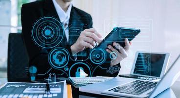 Cyber security data protection Business working on compute Intelligenc digital tablet global network connection data science digital marketing, Investment global in office photo