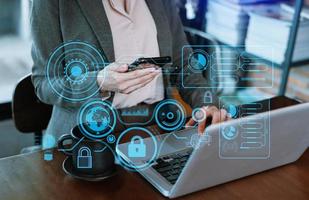 Cyber security data protection Business working on compute Intelligenc digital tablet global network connection data science digital marketing, Investment global in office photo