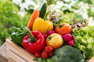 Wooden crate filled with fresh organic vegetables photo