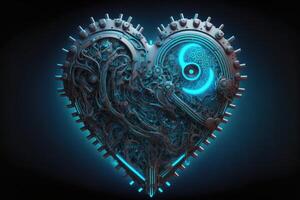 Mechanical heart, cog heart, gear heart abstract glow in the dark blue background. photo