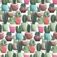 Seamless background with different succulents in ceramic pots on white. Cacti, opuntia, prickly pear, sansevieria, echevieria. vector