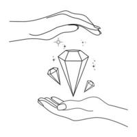 dos manos con estrellas y gemas diamantes resumen símbolo para productos cosméticos y embalaje, joyas, logo, tatuaje. lineal estilo. esotérico vector