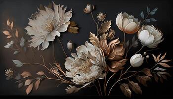, Close up of blooming flowerbeds of amazing white and golden flowers on dark moody floral textured background. Photorealistic effect. photo