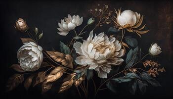 , Close up of blooming flowerbeds of amazing white and golden flowers on dark moody floral textured background. Photorealistic effect. photo