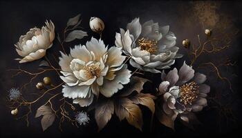 , Close up of blooming flowerbeds of amazing white and golden flowers on dark moody floral textured background. Photorealistic effect. photo