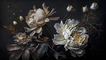, Close up of blooming flowerbeds of amazing white and golden flowers on dark moody floral textured background. Photorealistic effect. photo